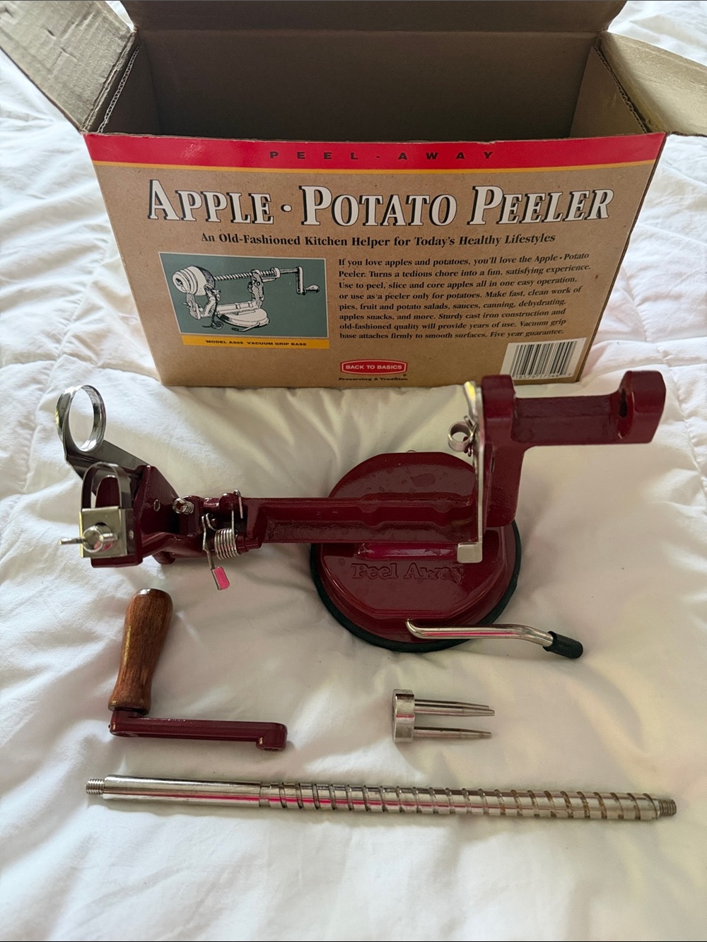 Apple & Potato Peeler/Corer, New in Box, Cast Iron & Stainless, Vacuum Grip Base